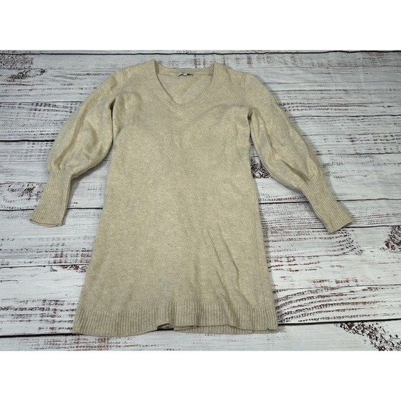 Madewell Womens Sweater Dress Bubble Sleeve V-Neck Knit Wool Blend Beige Size S - Picture 2 of 8